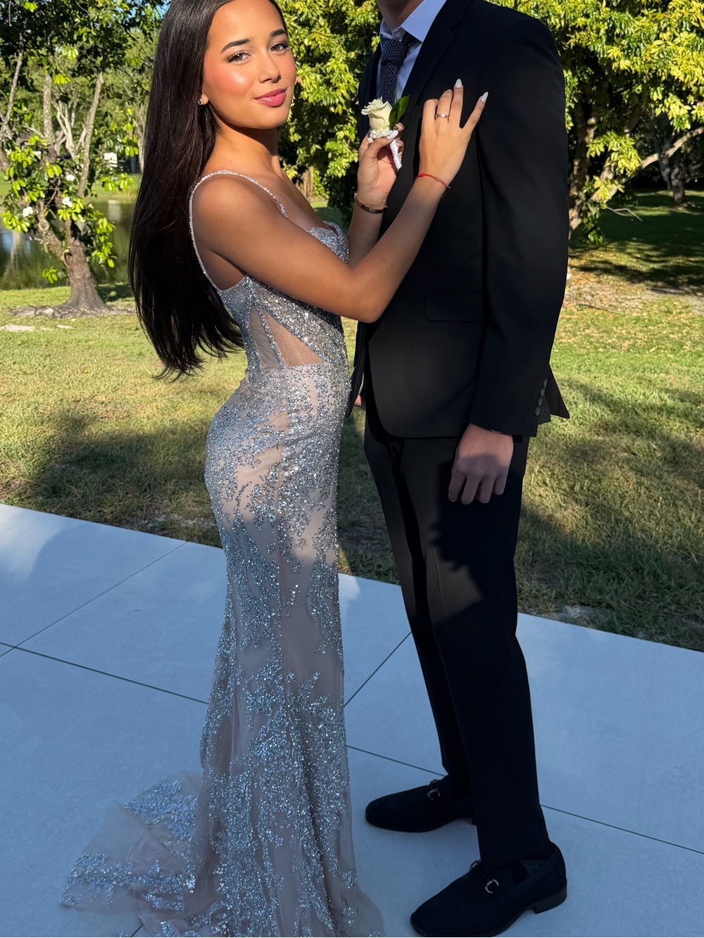 JOVANI Nude Sequin Evening Gown with Silver Embellishment - Picture 3 of 4
